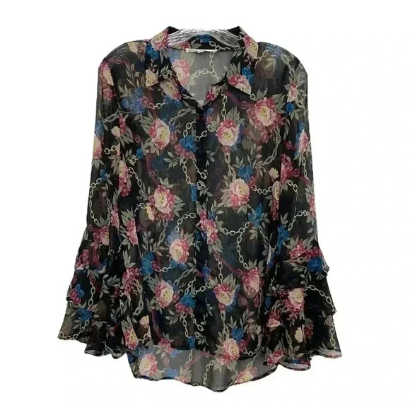 Seven7 Floral Black Ruffle Sheer Button Down Blouse - Picture 1 of 6